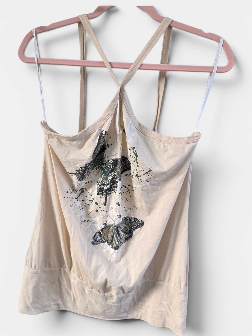Women’s Beige Butterfly Print Camisole with Crisscross Back